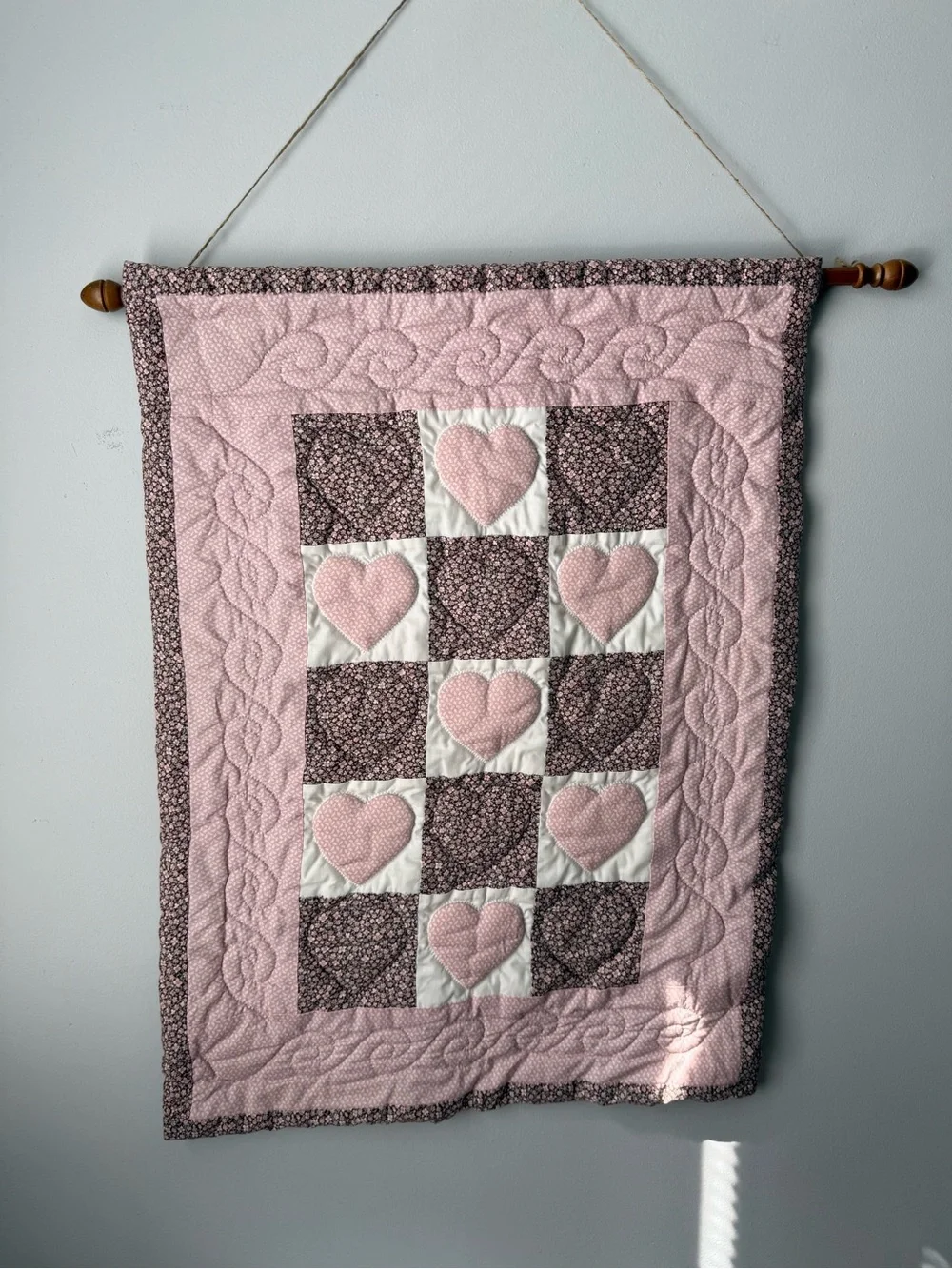 VTG Quilt Wall Hanging Decor Hearts Floral Cottage Core Pink Brown